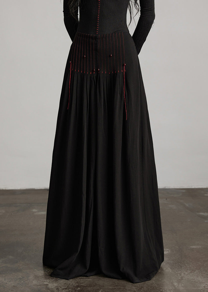 Französische schwarze Baumwollhose mit Quasten und weitem Bein, Frühling