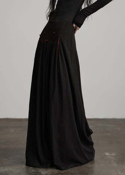 Französische schwarze Baumwollhose mit Quasten und weitem Bein, Frühling