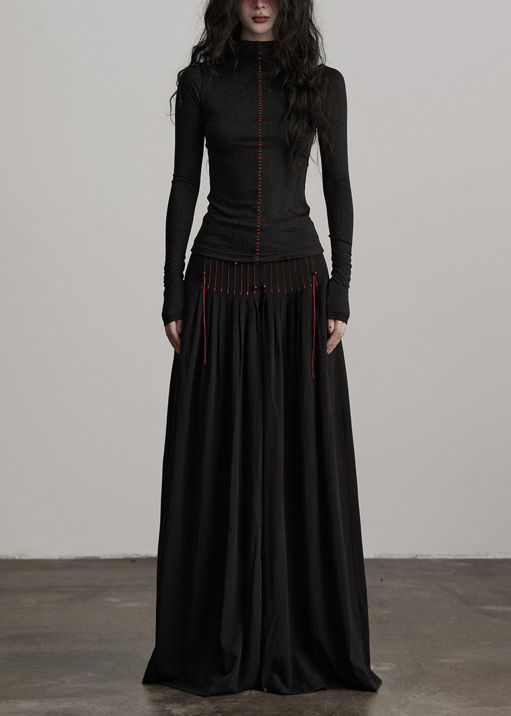 Französische schwarze Baumwollhose mit Quasten und weitem Bein, Frühling