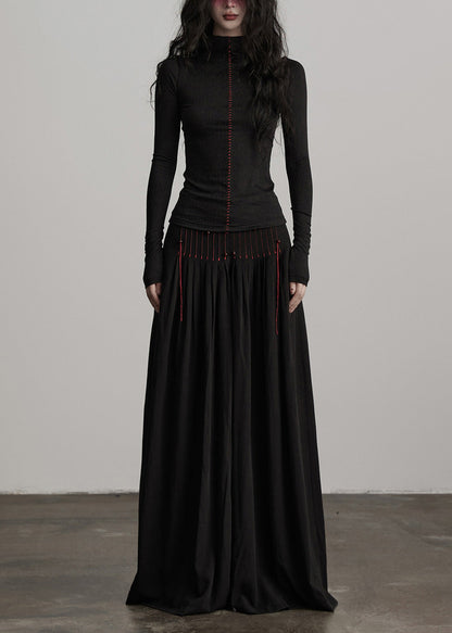 Französische schwarze Baumwollhose mit Quasten und weitem Bein, Frühling