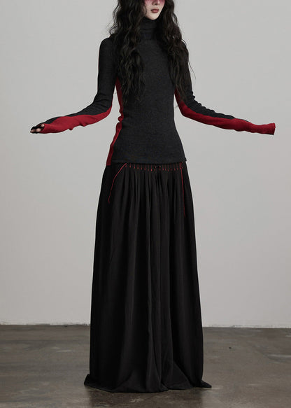 Französische schwarze Baumwollhose mit Quasten und weitem Bein, Frühling