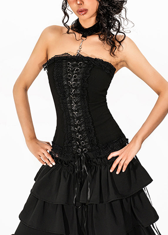 French Black Tie Waist Solid Top Sleeveless