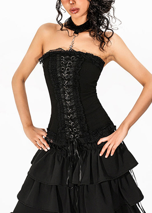 French Black Tie Waist Solid Top Sleeveless