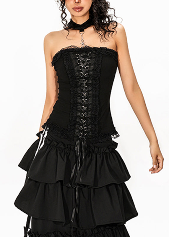 French Black Tie Waist Solid Top Sleeveless