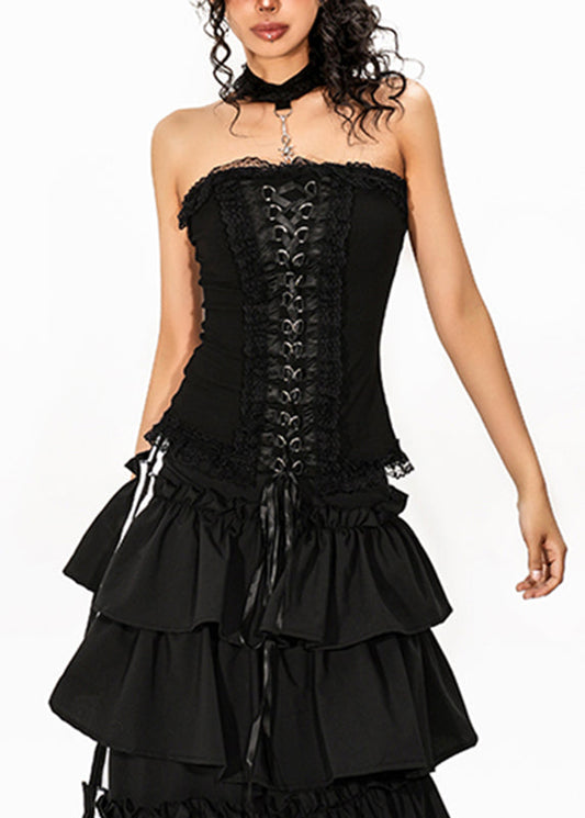 French Black Tie Waist Solid Top Sleeveless