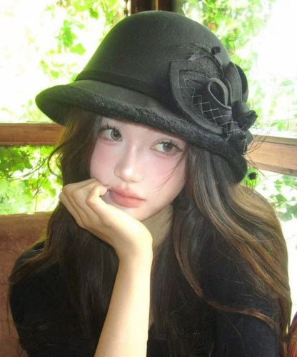 Sombrero de pescador cálido de lana con estampado floral de tul negro francés