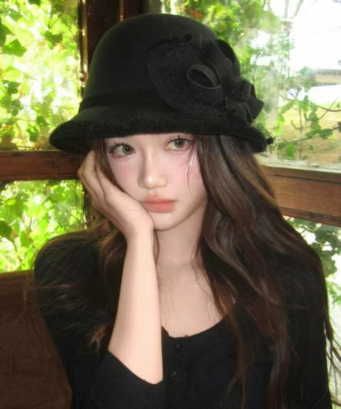 Sombrero de pescador cálido de lana con estampado floral de tul negro francés