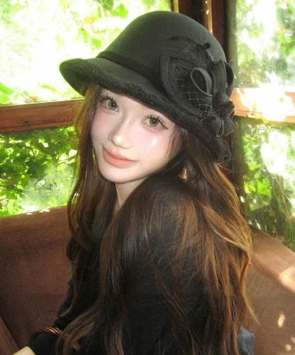 Sombrero de pescador cálido de lana con estampado floral de tul negro francés