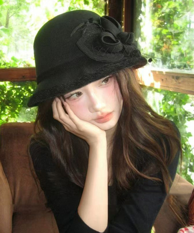 Sombrero de pescador cálido de lana con estampado floral de tul negro francés