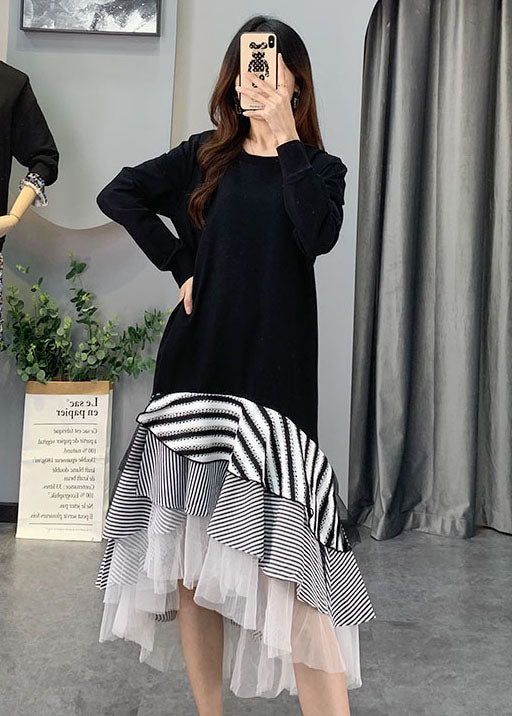 Französisch Schwarz Tüll Gestreiften Patchwork Baumwolle Kleider Frühling