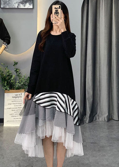 Französisch Schwarz Tüll Gestreiften Patchwork Baumwolle Kleider Frühling