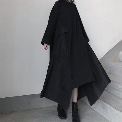French Black Tunics O Neck Asymmetric A Line Spring Dress - SooLinen