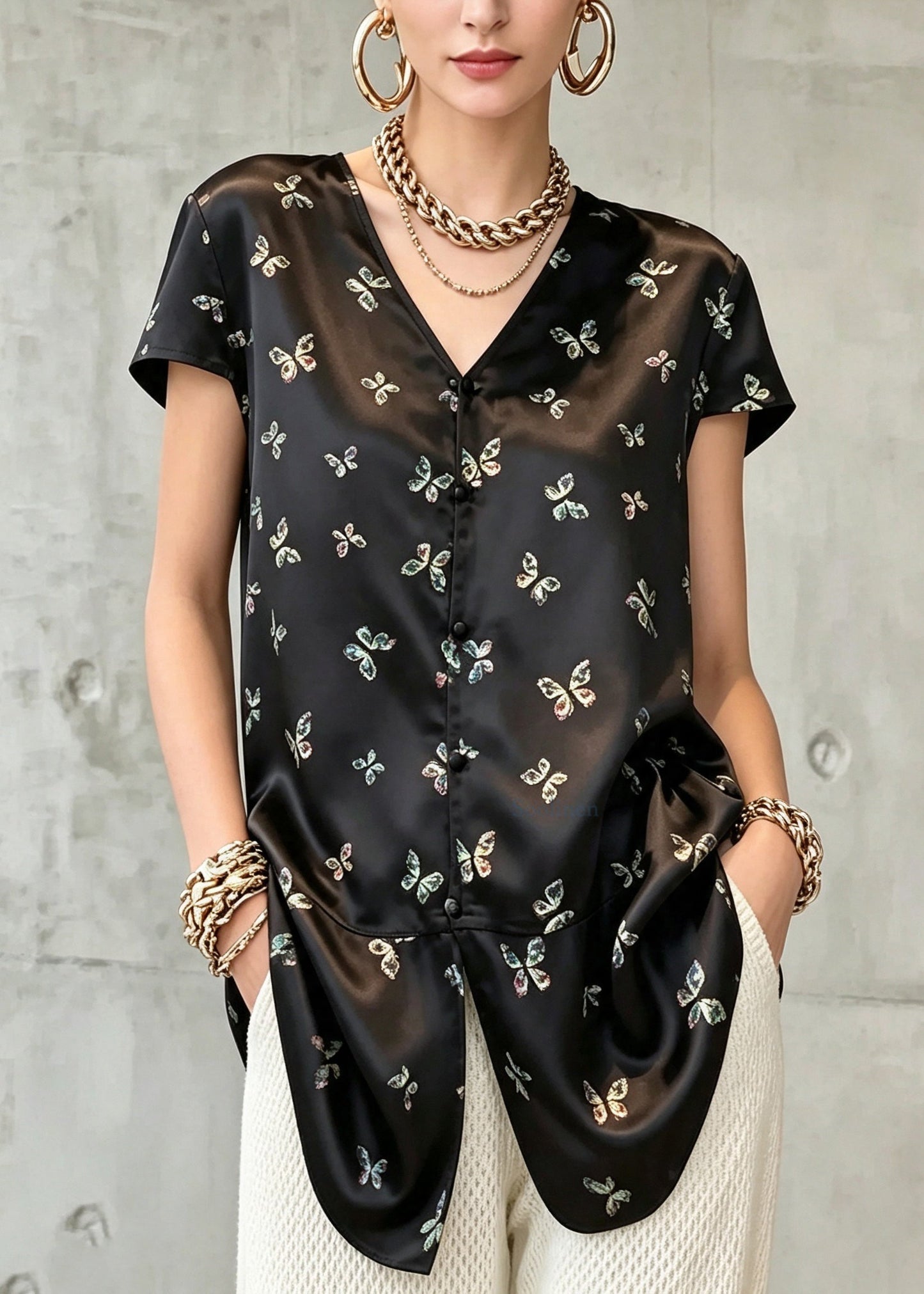 French Black V Neck Butterfly Print Shirt Tops Short Sleeve