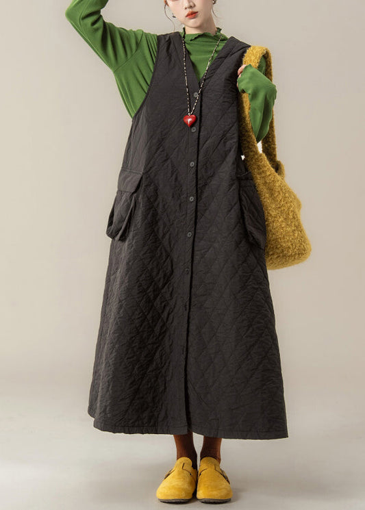 Französisches schwarzes Westenkleid mit V-Ausschnitt, Knopfleiste und Taschen, gefüttert mit feiner Baumwolle, Winter