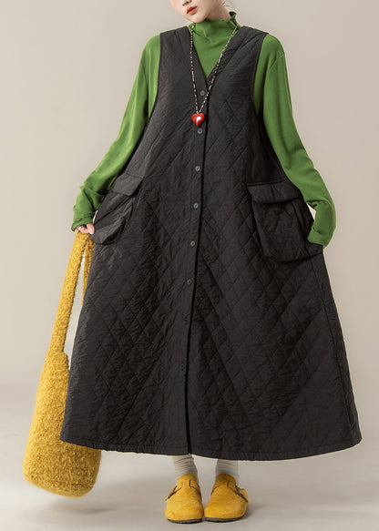 Französisches schwarzes Westenkleid mit V-Ausschnitt, Knopfleiste und Taschen, gefüttert mit feiner Baumwolle, Winter
