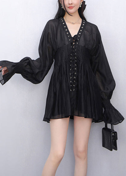 French Black V Neck French Chiffon Tops Flare Sleeve