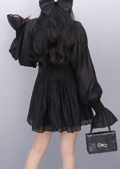 French Black V Neck French Chiffon Tops Flare Sleeve