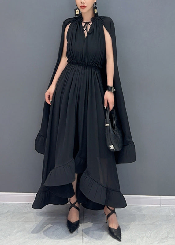 French Black V Neck Low High Design Vacation Chiffon Maxi Dresses Fall