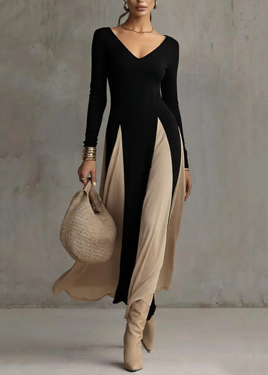French Black V Neck Patchwork Cotton Long Dress Spring