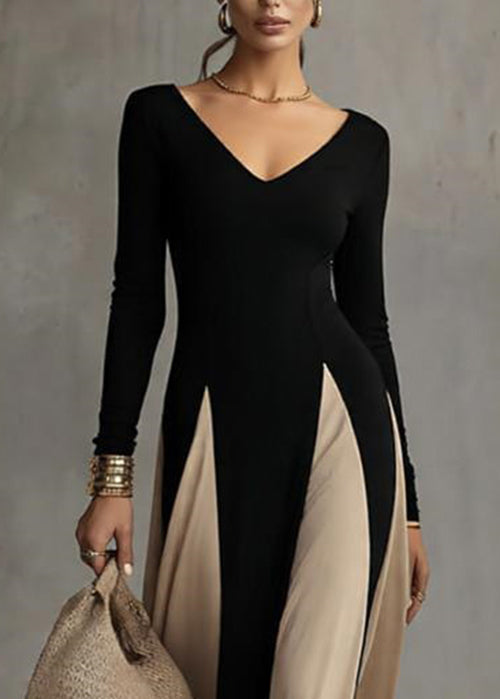French Black V Neck Patchwork Cotton Long Dress Spring