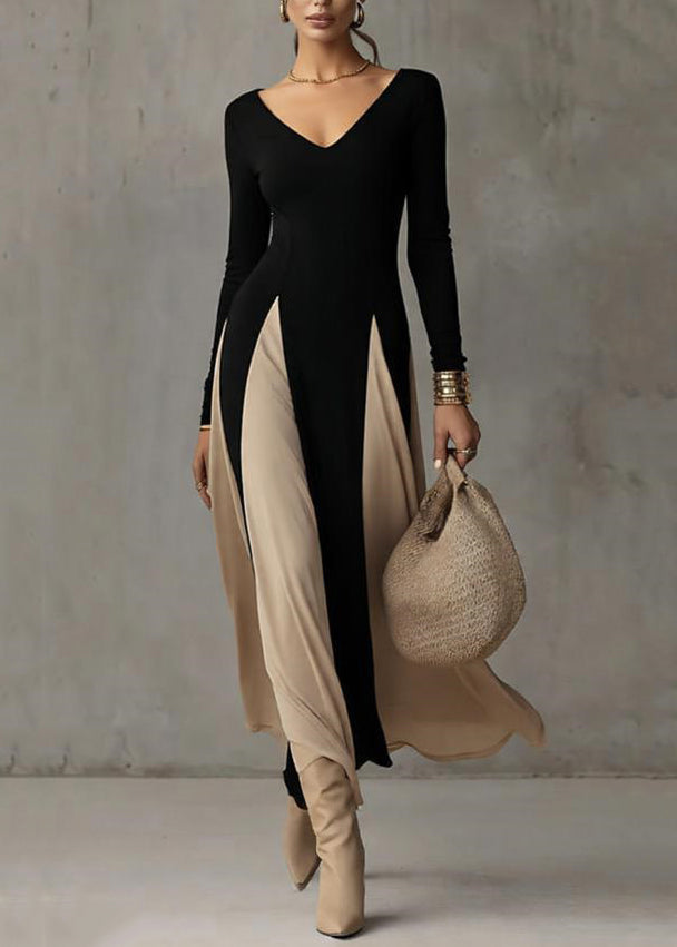 French Black V Neck Patchwork Cotton Long Dress Spring