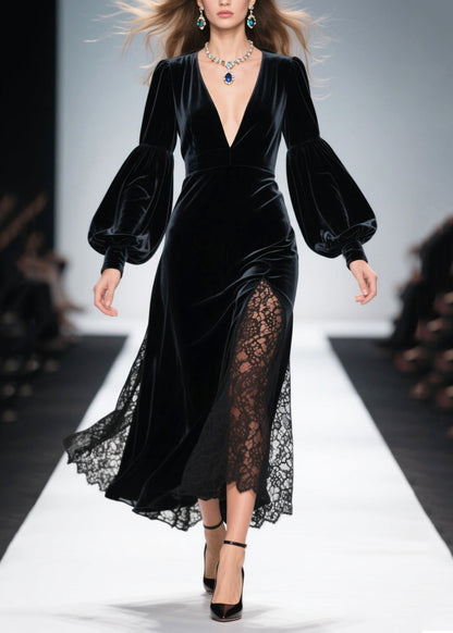 Vestido francés de terciopelo de seda con escote en V y patchwork negro calado para primavera