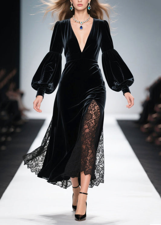 Vestido francés de terciopelo de seda con escote en V y patchwork negro calado para primavera