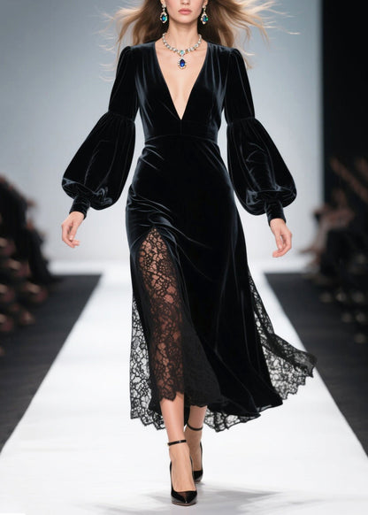 Vestido francés de terciopelo de seda con escote en V y patchwork negro calado para primavera