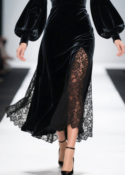 Vestido francés de terciopelo de seda con escote en V y patchwork negro calado para primavera