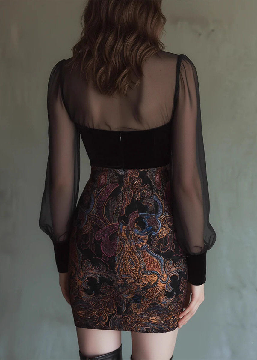 French Black V Neck Patchwork Mesh Mini Dress Long Sleeve