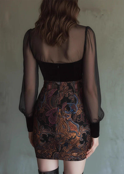 French Black V Neck Patchwork Mesh Mini Dress Long Sleeve