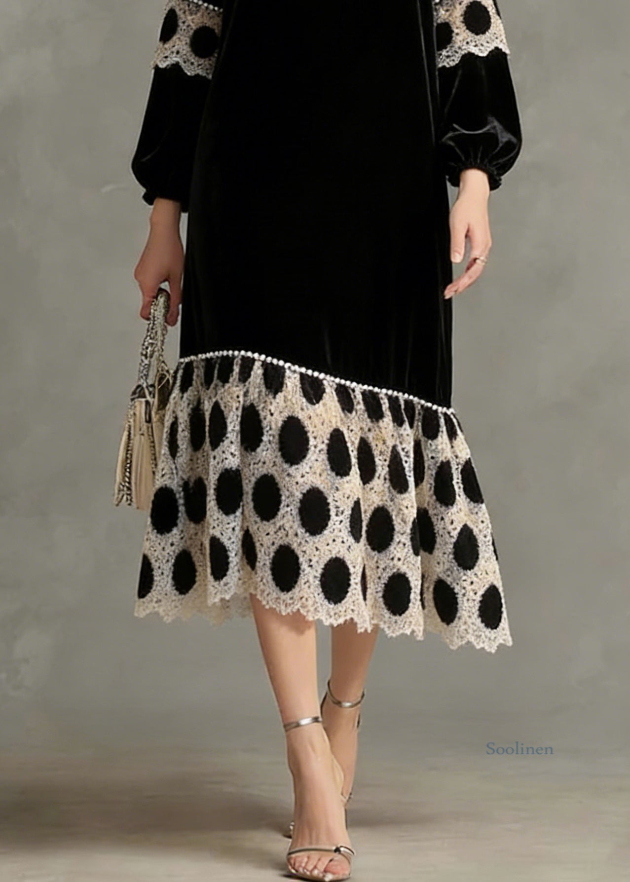 French Black V Neck Patchwork Silk Velvet Long Dress Spring