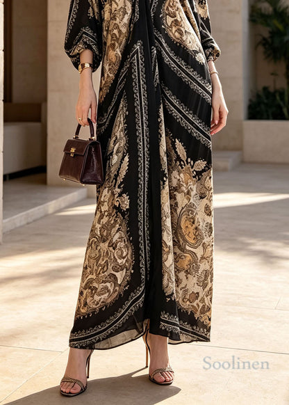 French Black V Neck Print Cotton Ankle Dress Batwing Sleeve