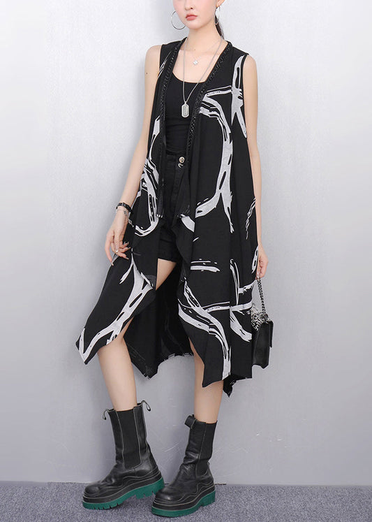 French Black V Neck Print Pockets Cotton Waistcoat Sleeveless