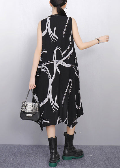 French Black V Neck Print Pockets Cotton Waistcoat Sleeveless