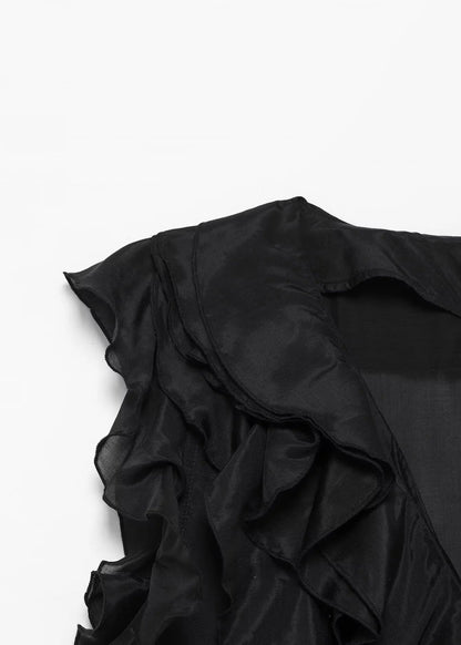 French Black V Neck Ruffled Cotton Long Dress Sleeveless