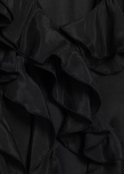 French Black V Neck Ruffled Cotton Long Dress Sleeveless