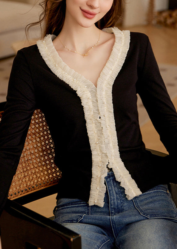 French Black V Neck Ruffled Patchwork Nail Bead Tops Spring