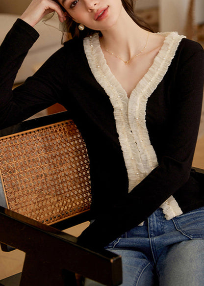 French Black V Neck Ruffled Patchwork Nail Bead Tops Spring