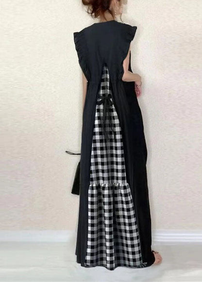 French Black V Neck Ruffled Patchwork Plaid Cotton Long Dress Summer