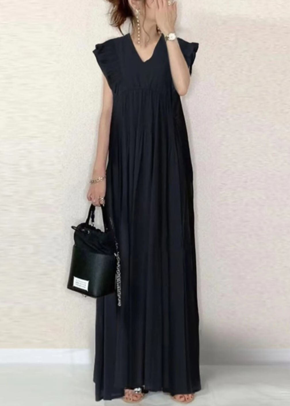 French Black V Neck Ruffled Patchwork Plaid Cotton Long Dress Summer