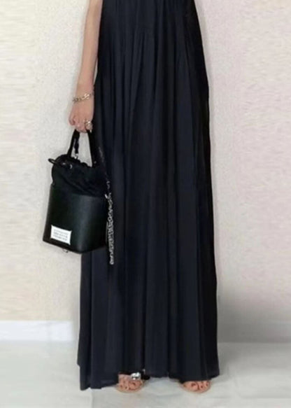 French Black V Neck Ruffled Patchwork Plaid Cotton Long Dress Summer
