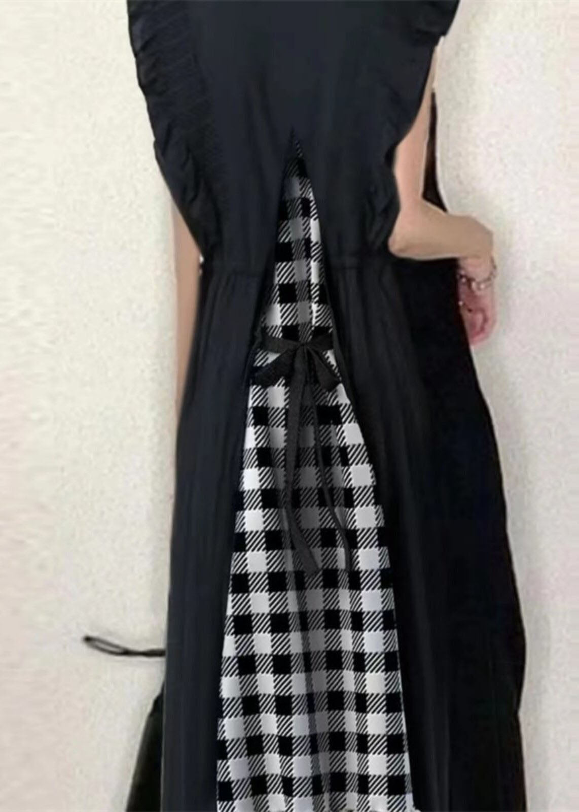 French Black V Neck Ruffled Patchwork Plaid Cotton Long Dress Summer