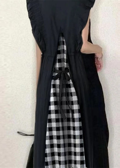French Black V Neck Ruffled Patchwork Plaid Cotton Long Dress Summer
