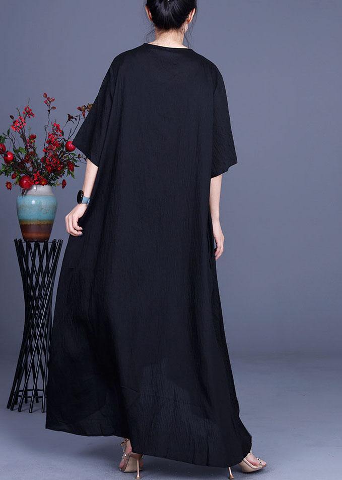 French Black V Neck asymmetrical design Dresses Summer - SooLinen