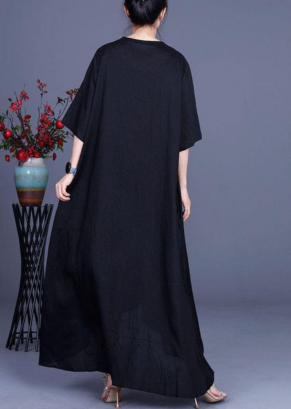 French Black V Neck asymmetrical design Dresses Summer - SooLinen