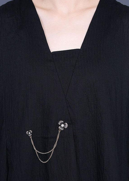 French Black V Neck asymmetrical design Dresses Summer - SooLinen