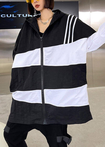 French Black White Cotton Cinched zippered Hoodies Outwear Spring - SooLinen
