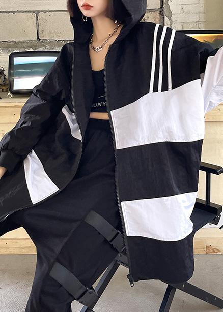 French Black White Cotton Cinched zippered Hoodies Outwear Spring - SooLinen