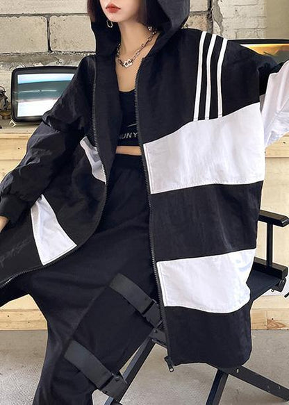 French Black White Cotton Cinched zippered Hoodies Outwear Spring - SooLinen